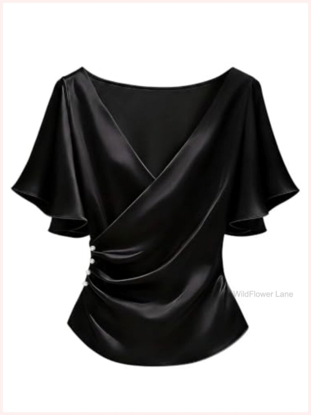 Satin Wrap Blouse Side Ruched V Neck Short Sleeve Office Business Top